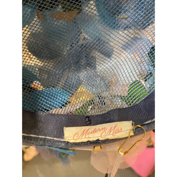 vintage 1950s blue flower hat modern miss 50s fashion easter wedding pillbox - Picture 2 of 8